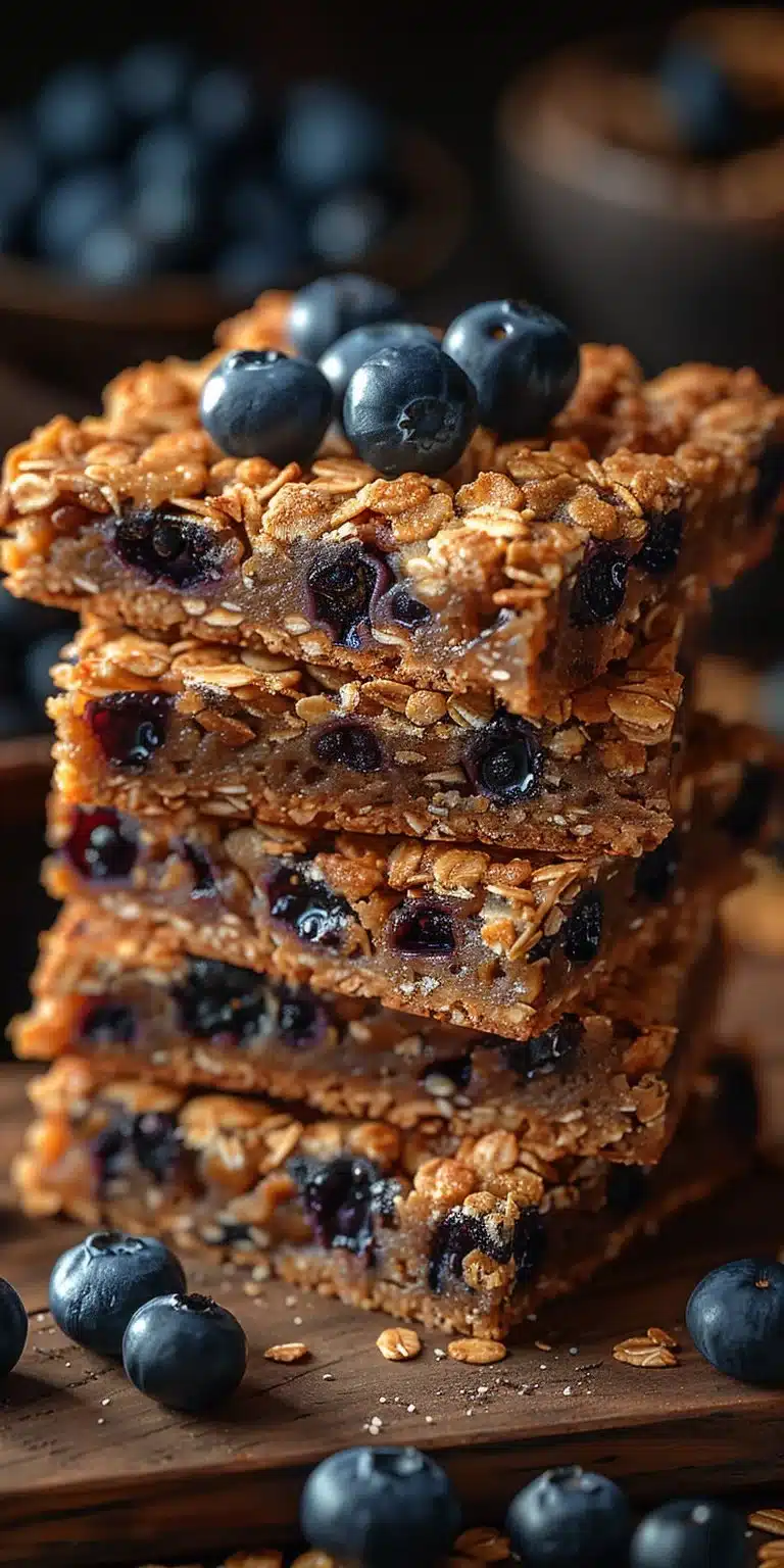 Delicious blueberry oatmeal bars stacked on a plate