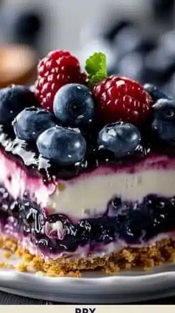 Delicious blueberry pretzel salad served in a dish, showcasing sweet and salty layers.
