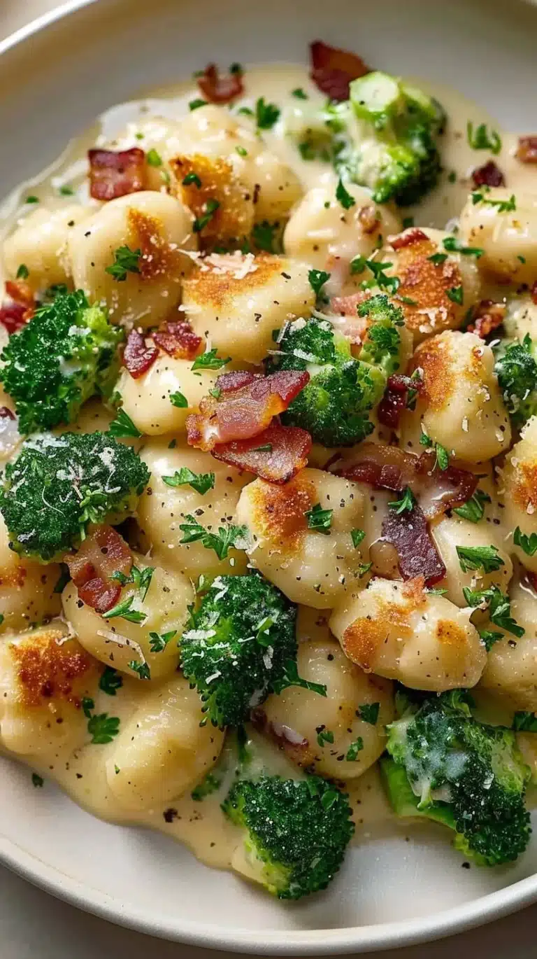 Boursin gnocchi with beef, bacon, and broccoli in a creamy sauce.