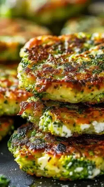 Crispy broccoli feta fritters served on a plate with dipping sauce.