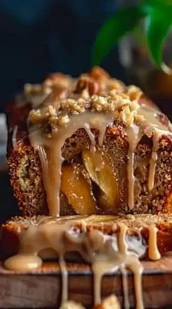 Brown butter apple loaf with toffee bits on a plate