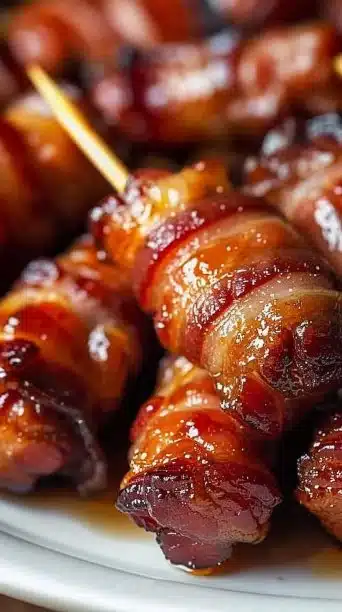 Plate of brown sugar bacon smokies garnished with parsley