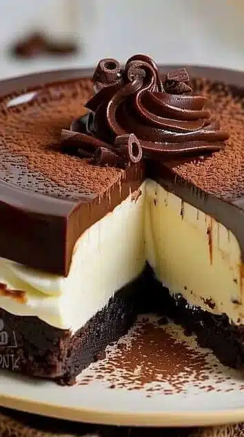 Delicious Brownie Cheesecake topped with chocolate drizzle and whipped cream