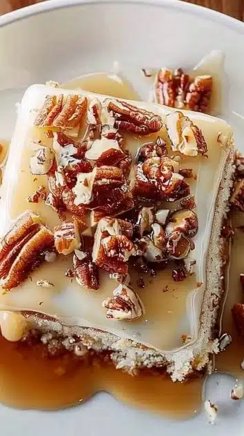 Delicious Butter Pecan Praline Poke Cake served on a decorative plate.