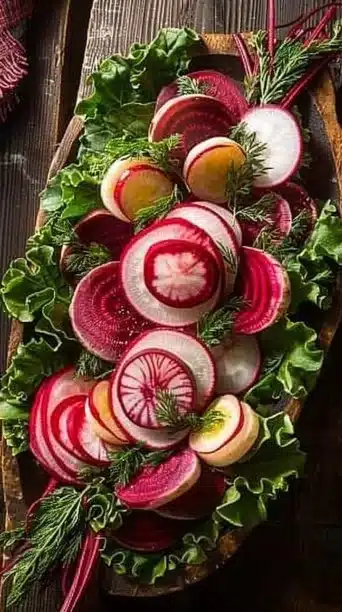Candy Cane Beet and Radish Christmas Salad with festive colors