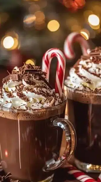 Cup of Candy Cane Hot Cocoa topped with a peppermint swirl