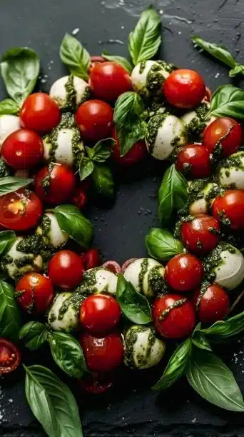 Caprese Pesto Wreath made with fresh basil, mozzarella, and tomatoes
