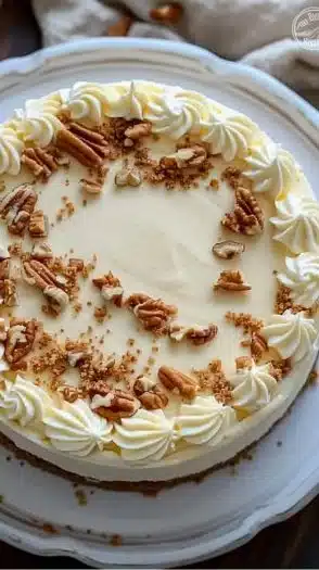 Delicious carrot cake cheesecake with creamy topping, perfect dessert for any occasion