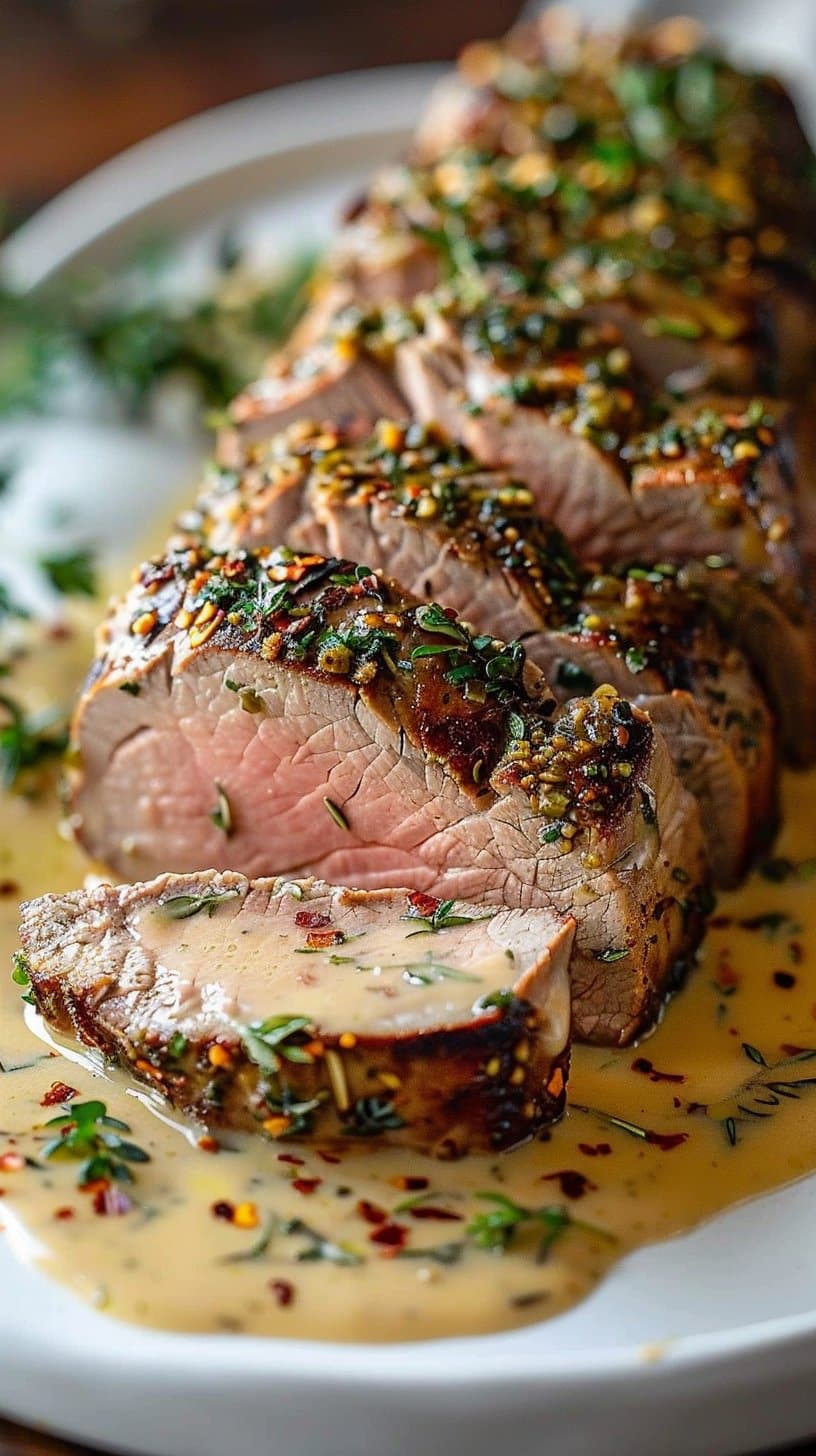 Slow Cooker Herb Crusted Beef Tenderloin With Creamy Dijon And Herb Sauce