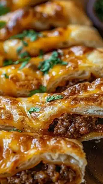 Cheesy taco sticks served on a plate garnished with fresh herbs