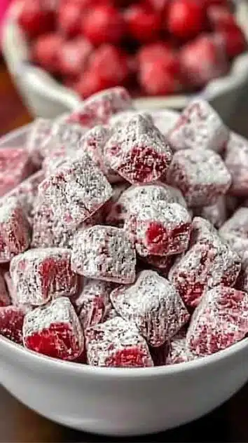 Delicious Cherry Cheesecake Puppy Chow snack mix with cherries and cream cheese flavor