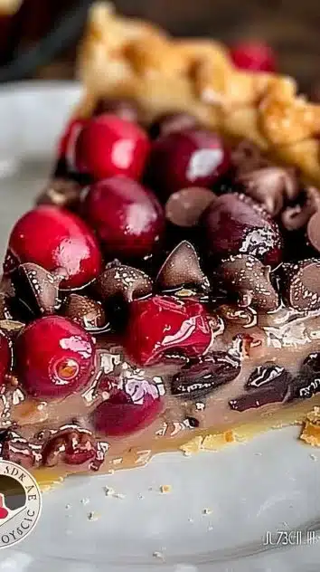 Delicious Cherry Chocolate Chip Pie topped with chocolate chips and cherries