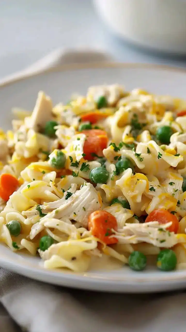 Delicious Chicken Pot Pie Noodle Skillet topped with herbs and served in a skillet