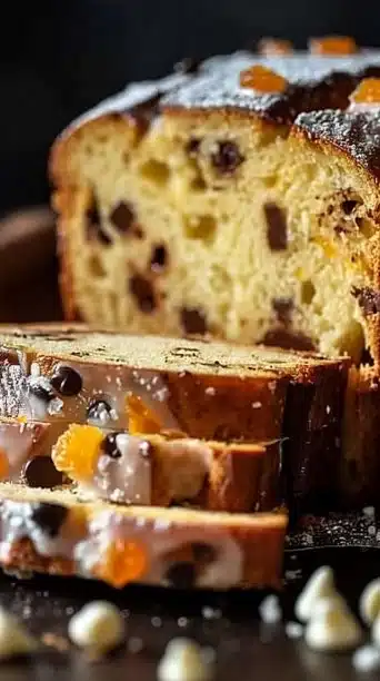Delicious Chocolate Chip Panettone Loaf with chocolate chips and golden crust