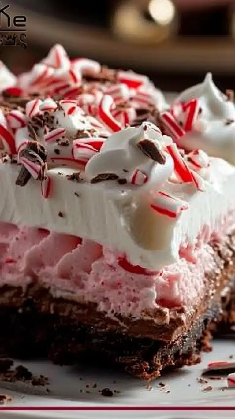 Decadent Chocolate Peppermint Lasagna dessert served on a festive plate