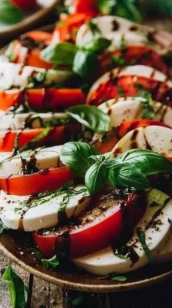 Christmas Caprese Salad with tomatoes, mozzarella, and basil arranged for the holiday season.