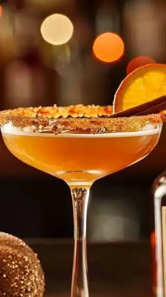 Cinnamon Maple Sidecar cocktail garnished with a cinnamon stick and maple syrup.