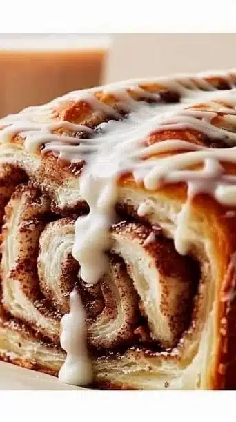 Cinnamon roll loaf with cream cheese frosting drizzled on top