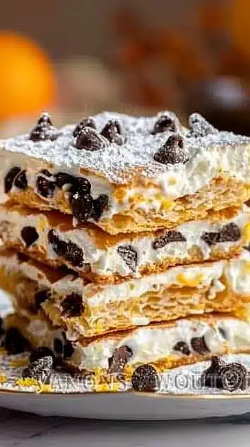 Delicious classic cannoli squares topped with chocolate and pistachios