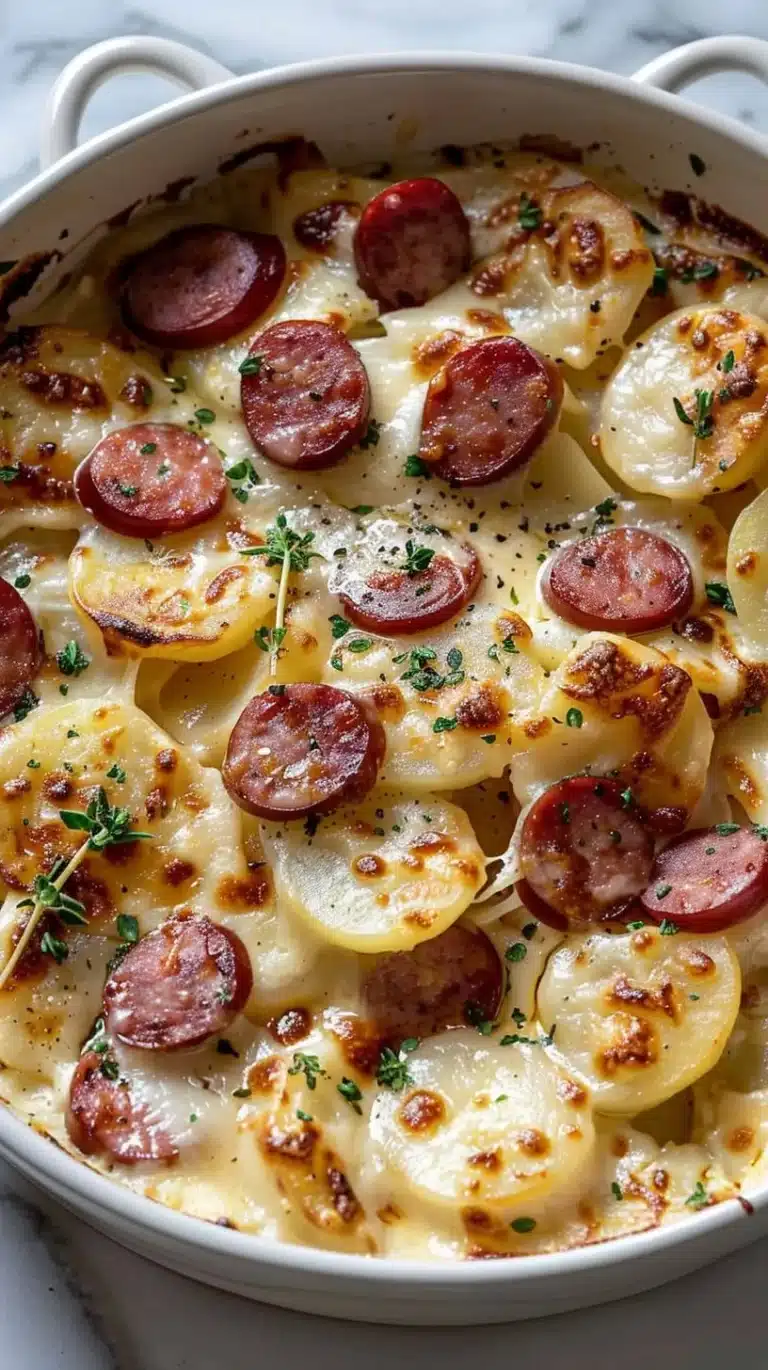 Delicious Crockpot Pierogi Casserole served with Kielbasa