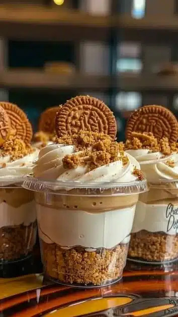 Delicious cookie butter cheesecake cups topped with cookie crumbs.