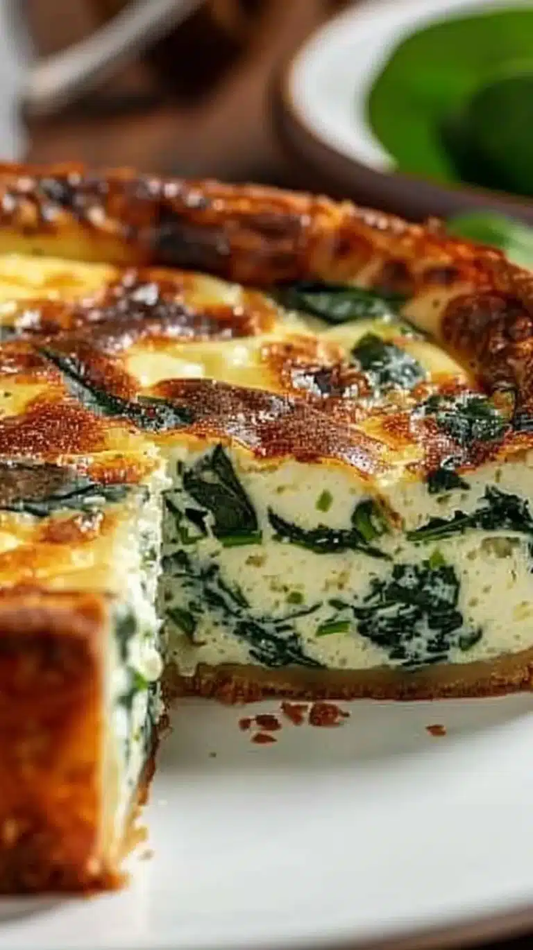 Delicious Cottage Cheese and Spinach Crustless Quiche served on a plate