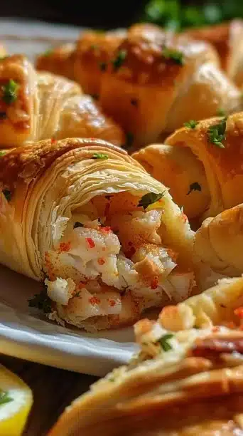 Delicious crab-stuffed crescent rolls served on a plate, perfect seafood appetizer.