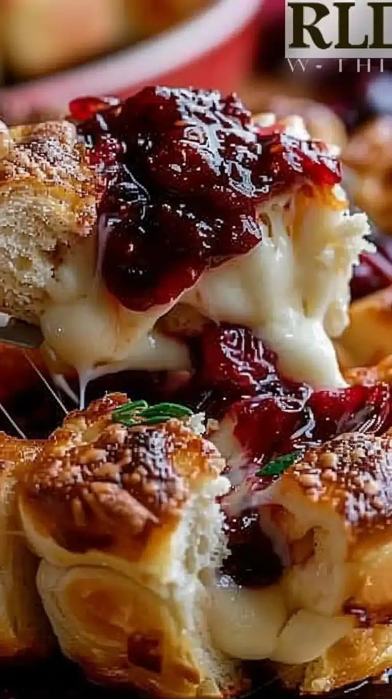Cranberry Brie Pull-Apart Bread served on a wooden table with festive decorations.