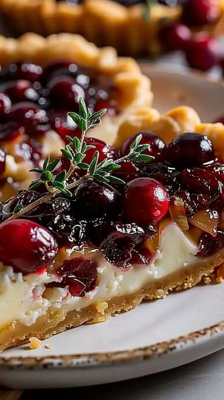 Cranberry Brie Tart garnished with fresh cranberries and herbs