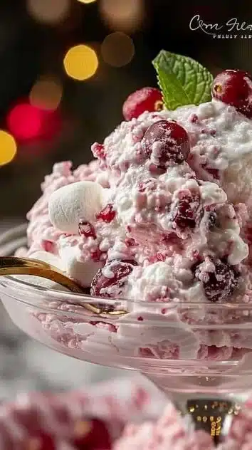 Delicious Cranberry Fluff dessert topped with whipped cream and cranberries