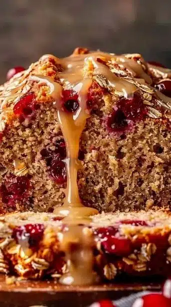 Sliced Cranberry Ginger Oat Loaf on a wooden cutting board