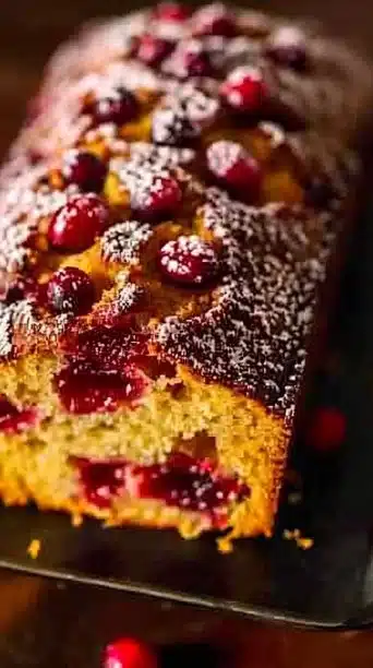 Freshly baked Cranberry Orange Loaf with cranberries and orange slices