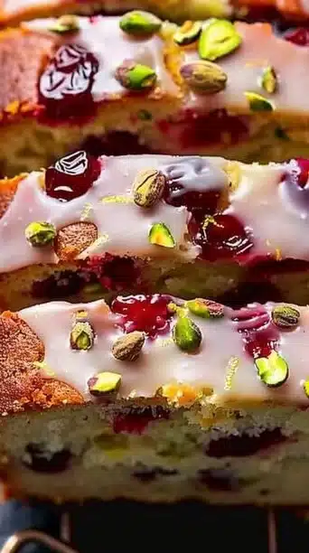 Cranberry Pistachio Lemon Loaf fresh from the oven, topped with lemon glaze.