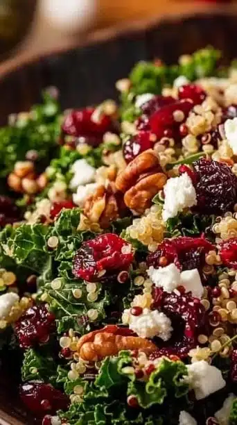 Cranberry Quinoa Christmas Salad with Feta and Kale served in a bowl