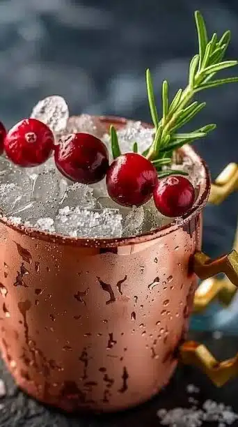 Cranberry Rosemary Mule cocktail garnished with rosemary sprig and cranberries