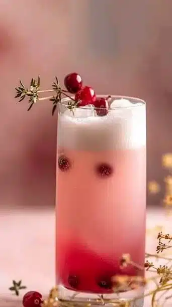 Delicious Cranberry Thyme Gin Fizz cocktail topped with vanilla foam