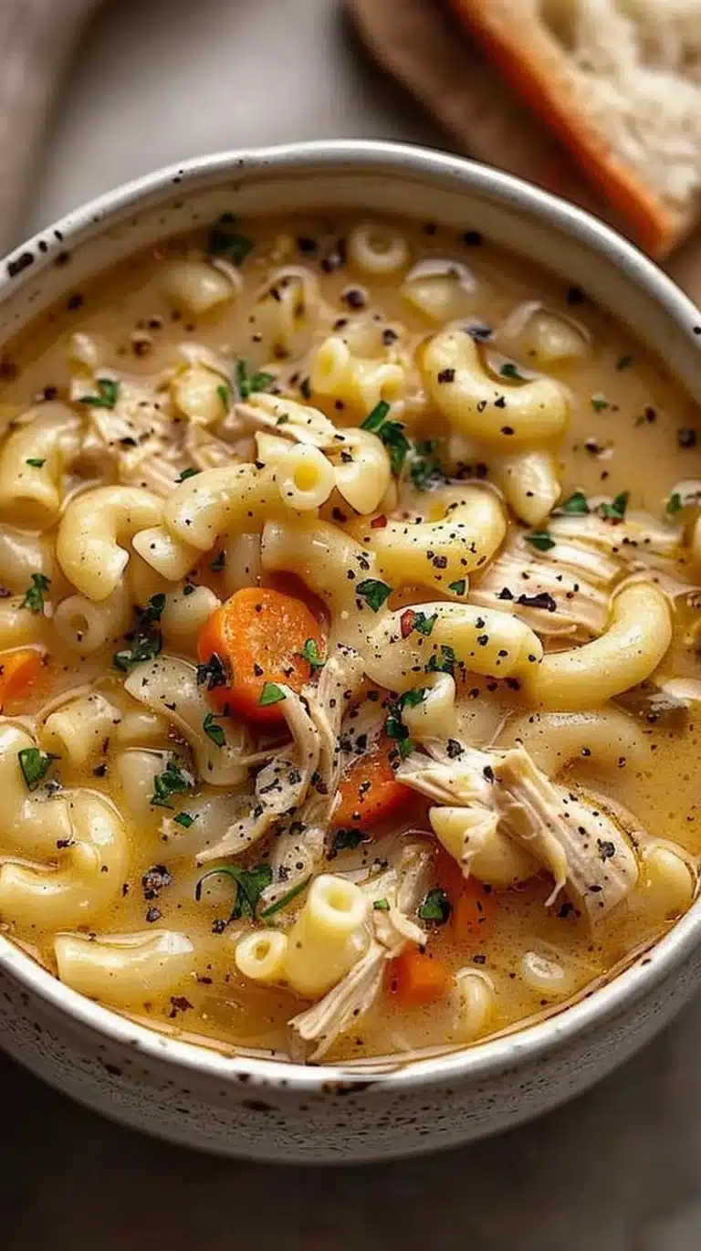 Creamy chicken macaroni cheese soup bowl with fresh parsley garnish
