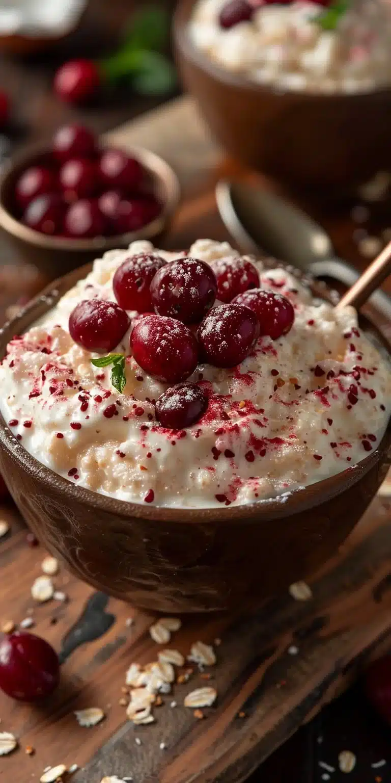 Bowl of creamy coconut cranberry overnight oats topped with coconut flakes and cranberries.