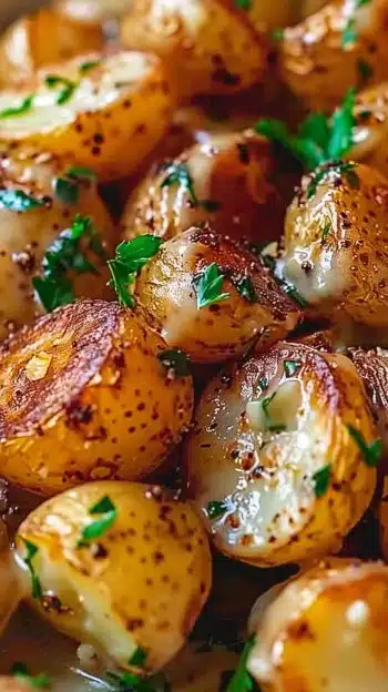 Delicious creamy garlic baby potatoes served in a bowl.