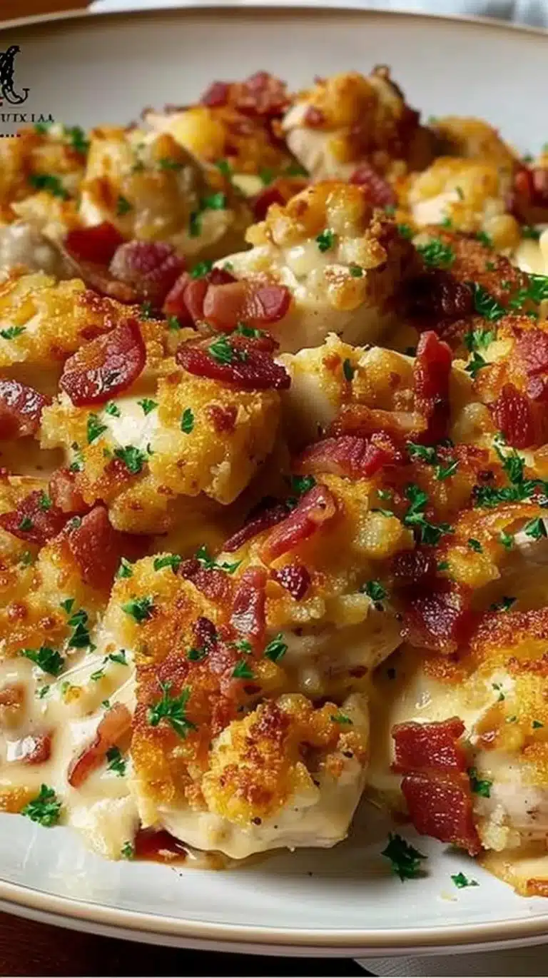 Creamy Neiman Marcus Chicken Casserole baked dish with toppings.