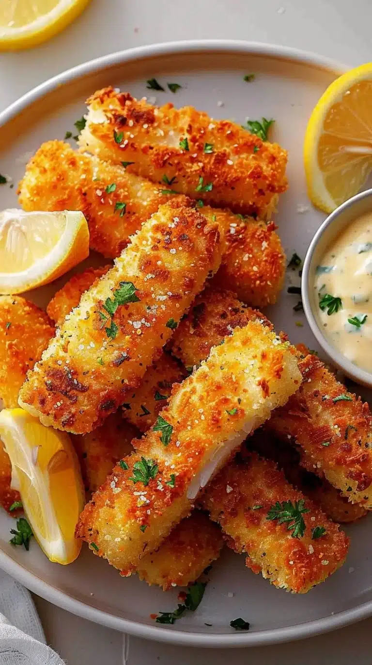 Crispy baked fish sticks served with tartar sauce on a plate