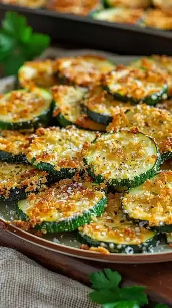 Crispy baked parmesan zucchini slices on a plate, topped with herbs.