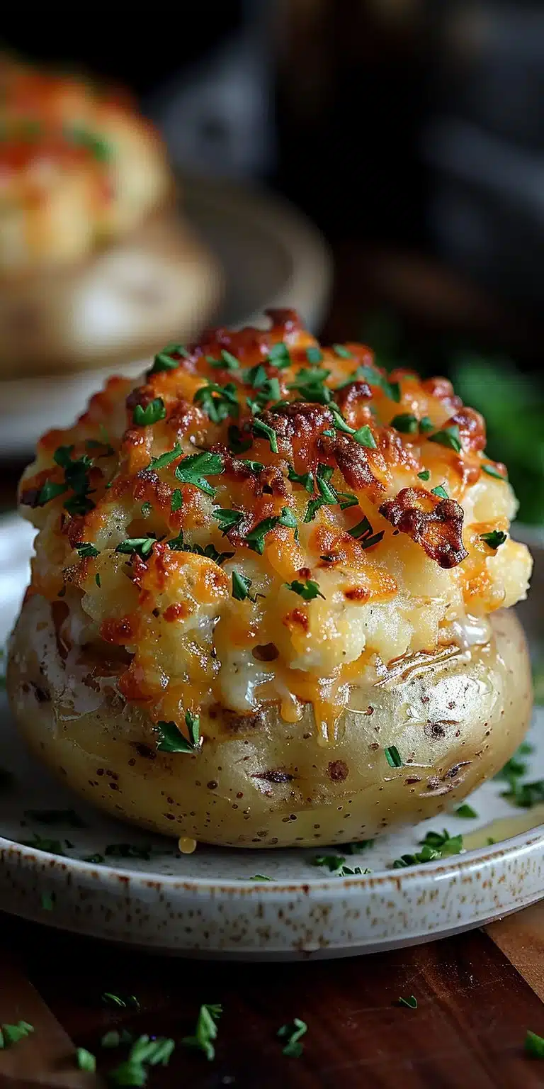 Crispy cheesy twice baked loaded breakfast potatoes on a plate