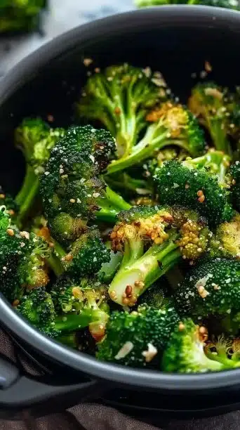 Crispy Garlic Air Fryer Broccoli garnished and ready to serve