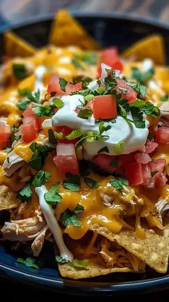 Crockpot Creamy Chicken Nachos served with toppings and melted cheese