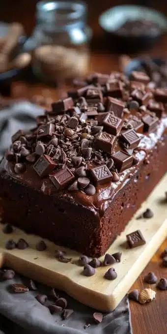 Decadent chocolate yogurt loaf freshly baked and displayed on a wooden table