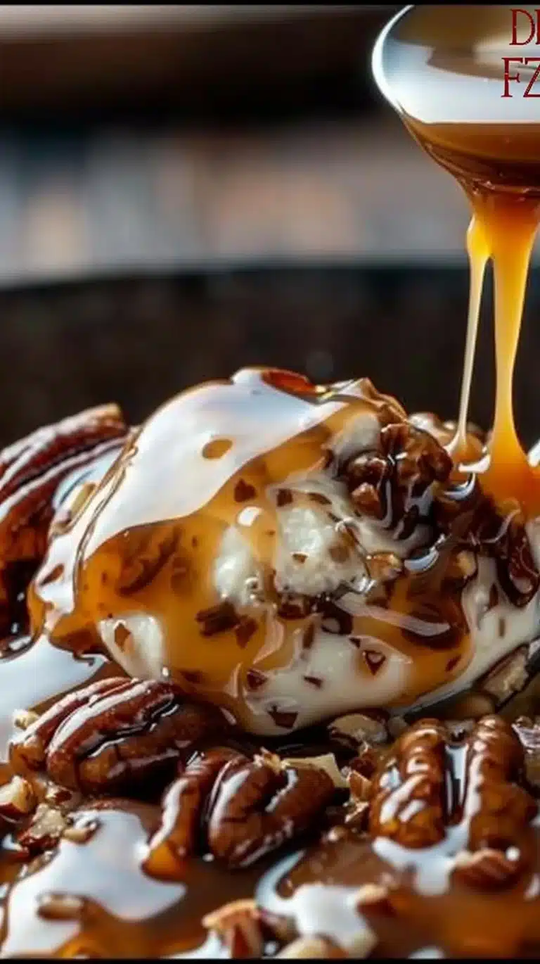 Decadent pecan pie dip served in a bowl with a sprinkle of nuts and caramel.