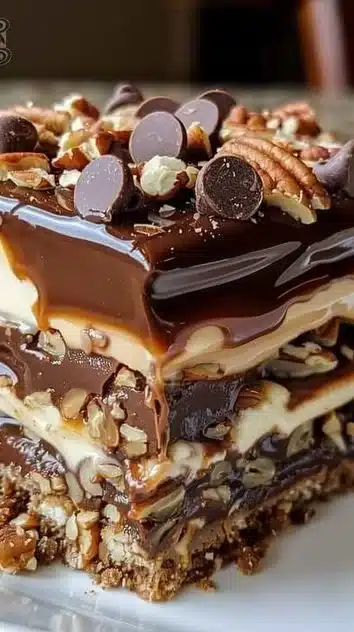 Decadent Turtle Lasagna dessert with layers of chocolate, caramel, and creamy delight
