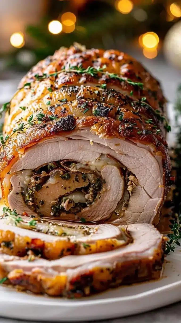 Delicious Christmas stuffed pork roast with herbs and spices ready to serve.
