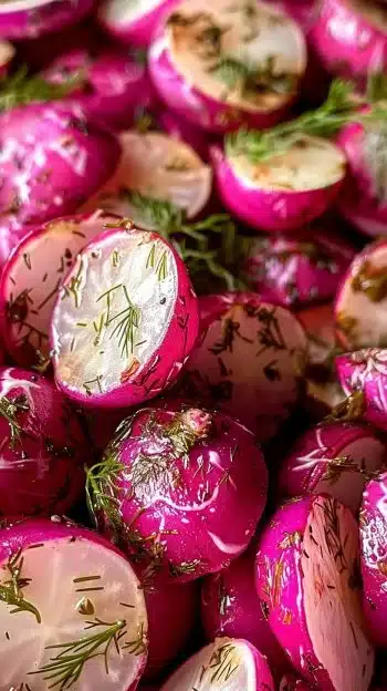 Bowl of dill roasted radishes, garnished and ready to serve.